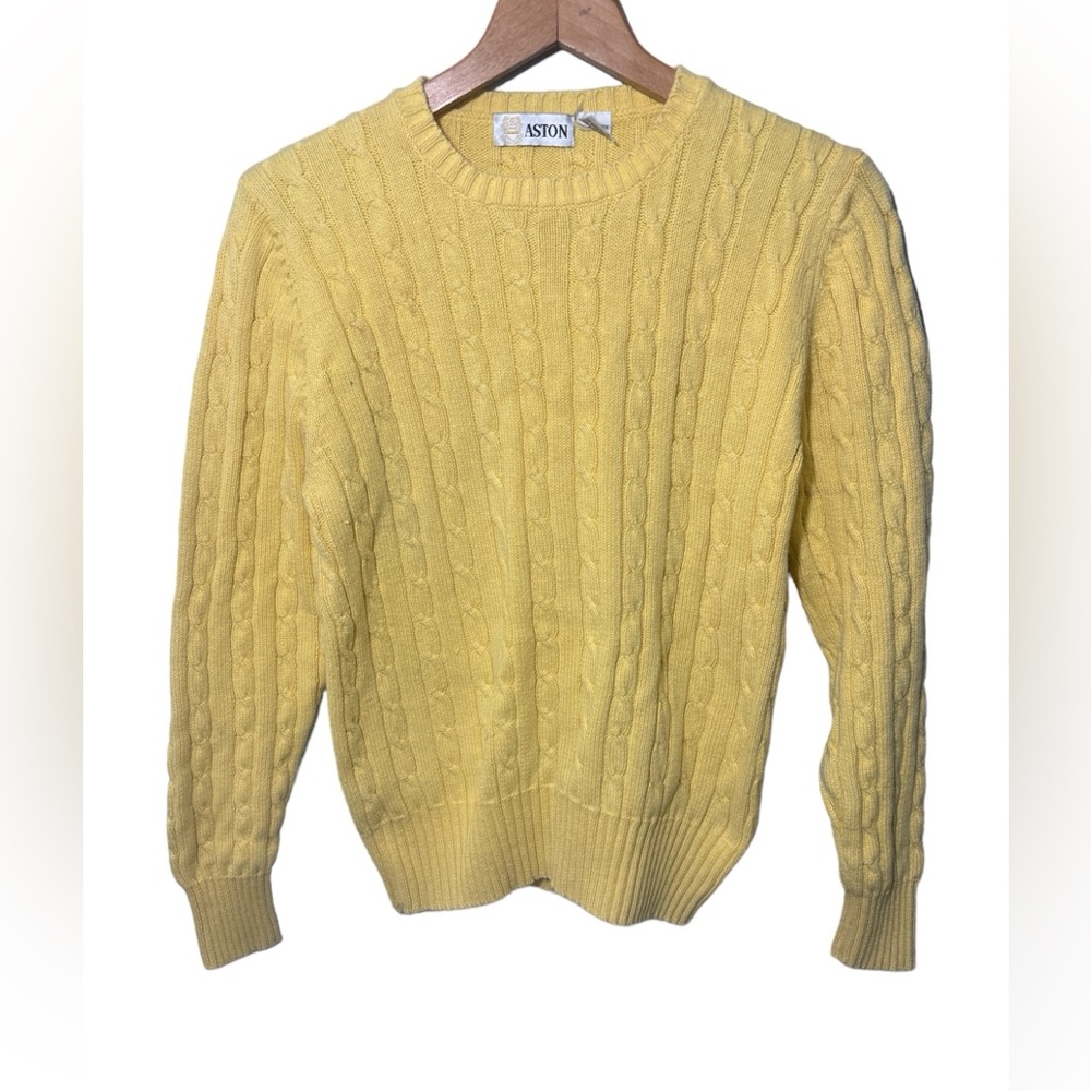 Vintage Aston cable knit sweater Medium, yellow, cotton, Preppy, academia